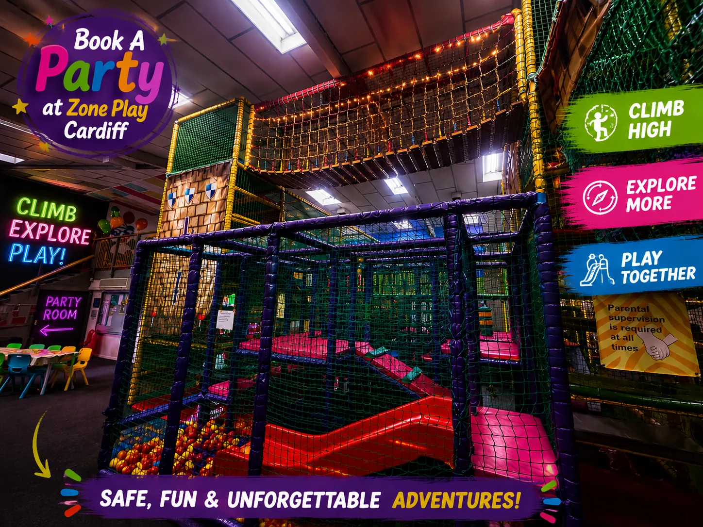 Children enjoying a birthday party in the soft play frame at Zone Play Cardiff