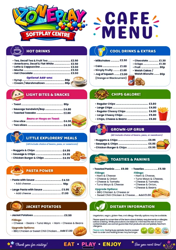 Zone Play Cardiff café menu — drinks, pizza, jacket potatoes, toasties, snacks and sweet treats