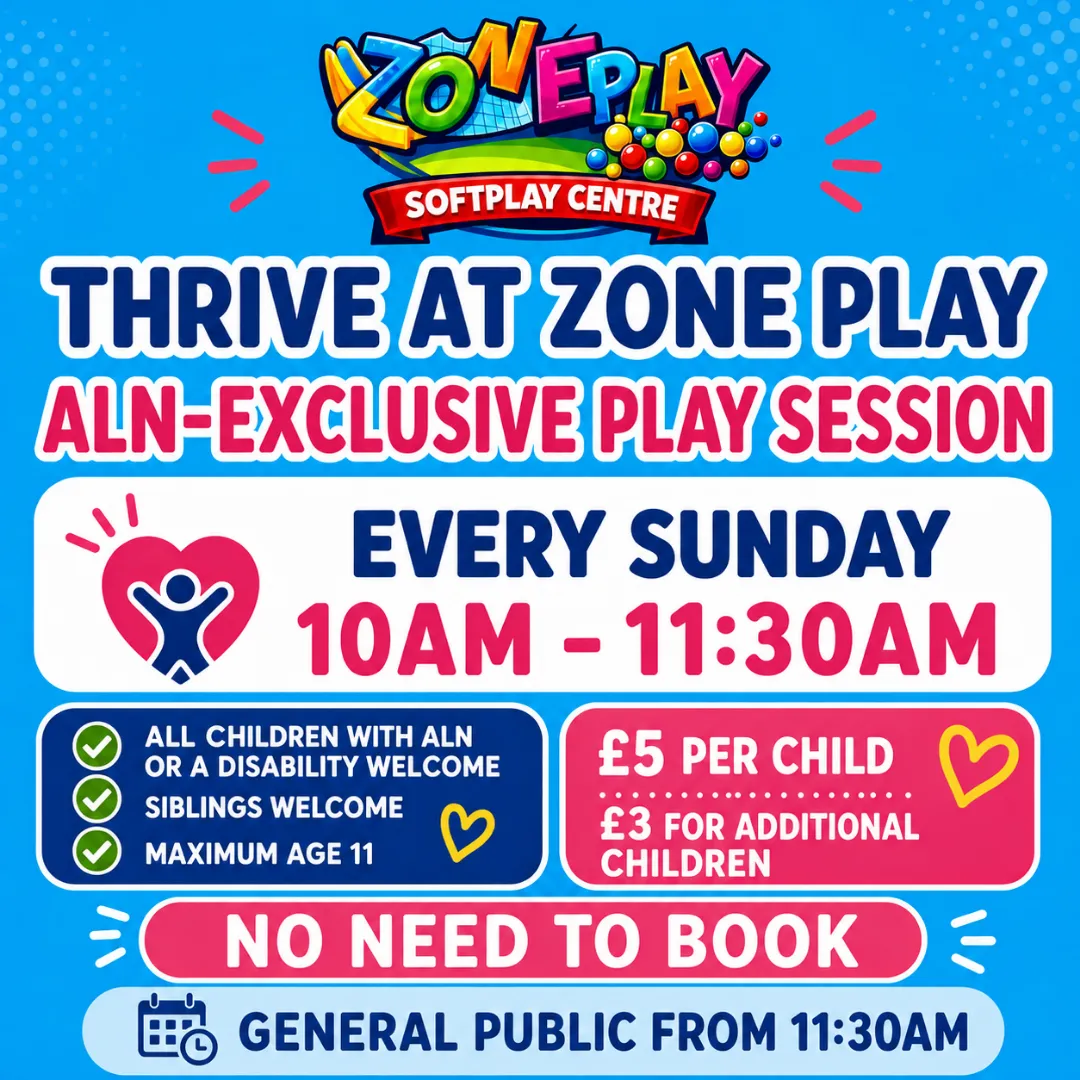 Thrive at Zone Play ALN-exclusive soft play session every Sunday 10am to 11:30am in Cardiff. £5 per child, £3 for additional children, no need to book.